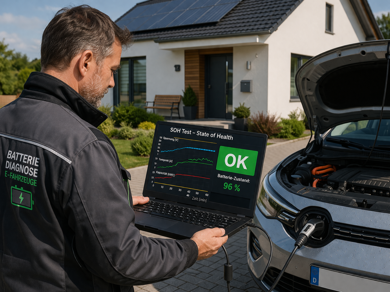 Techniker führt mobilen SOH-Batterie-Test an einem E-Auto durch